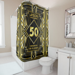 50th Birthday Art Deco Gold Black Great Gatsby Shower Curtain