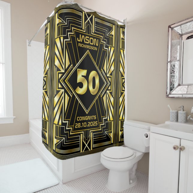 50th Birthday Art Deco Gold Black Great Gatsby Shower Curtain (In Situ)