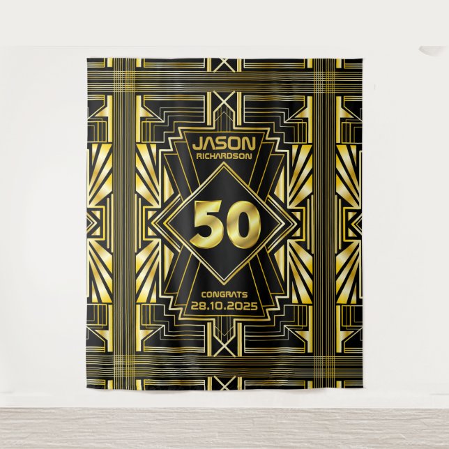 50th Birthday Art Deco Gold Black Great Gatsby Tapestry (Front)