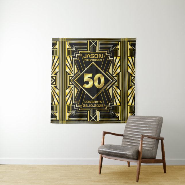 50th Birthday Art Deco Gold Black Great Gatsby Tapestry (In Situ)
