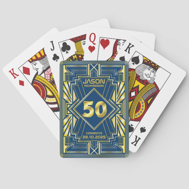 50th Birthday Art Deco Gold Blue Great Gatsby Playing Cards (Back)