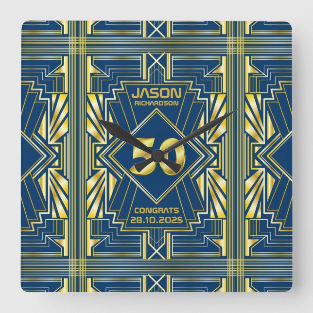 50th Birthday Art Deco Gold Blue Great Gatsby Square Wall Clock (Front)