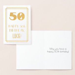 50th Birthday: Art Deco Inspired Look "50" & Name Foil Card