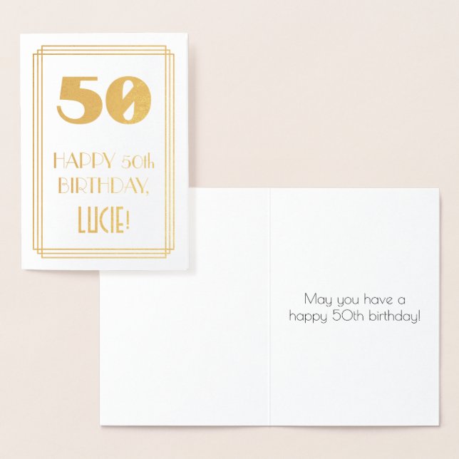 50th Birthday: Art Deco Inspired Look "50" & Name Foil Card (Display)