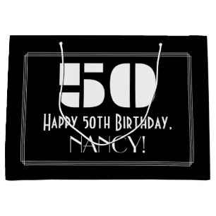 50th Birthday ~ Art Deco Inspired Look "50" + Name Large Gift Bag