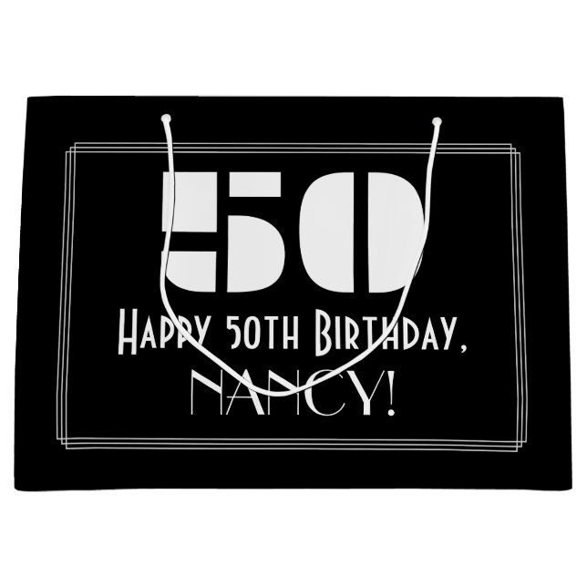 50th Birthday ~ Art Deco Inspired Look "50" + Name Large Gift Bag (Front)