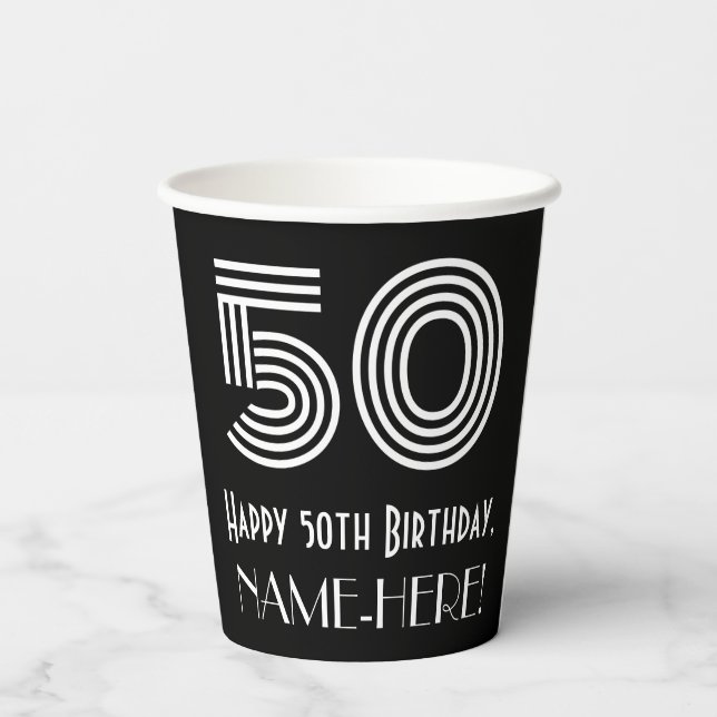 50th Birthday — Art Deco Inspired Look “50” + Name Paper Cups (Back)