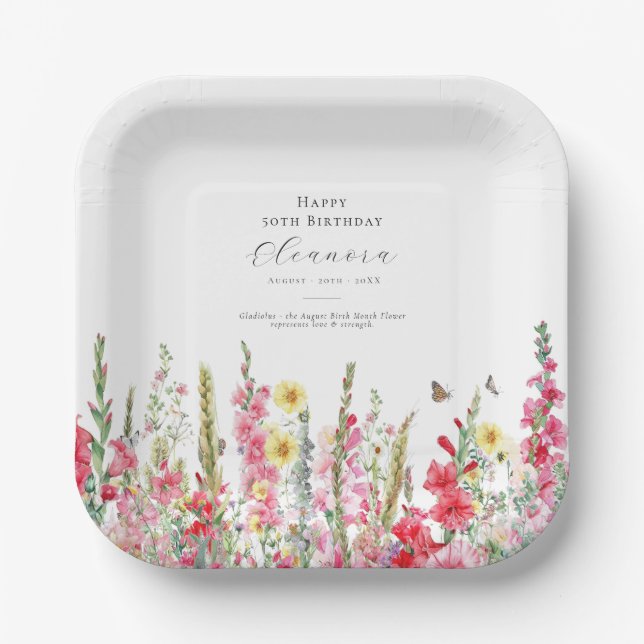 50th Birthday August Birth Flower Party Supplies Paper Plate (Front)