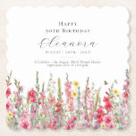 50th Birthday August Birth Month Flower Custom Paper Coaster<br><div class="desc">Perfect table decor for an August birthday party. Pink gladiolus is the birth flower for that month. It forms a pretty watercolor bottom border on this floral personalised coaster. The birthday guest of honour's name, age and birthdate are placed above it using elegant calligraphy and typography. All text is editable....</div>