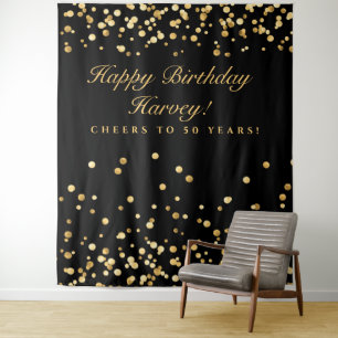 50Th Birthday Backdrop, Black And Gold Photobooth Tapestry