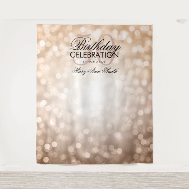 50th Birthday Backdrop Rose Gold Glitter Lights Tapestry (Front)