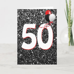 50th Birthday Balloons on Black Glitter Card