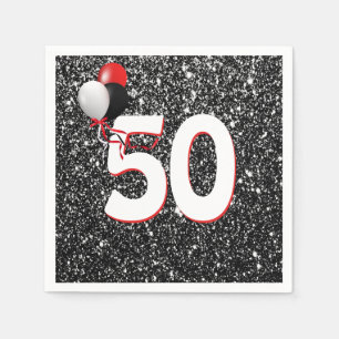 50th Birthday Balloons on Black Glitter Napkins