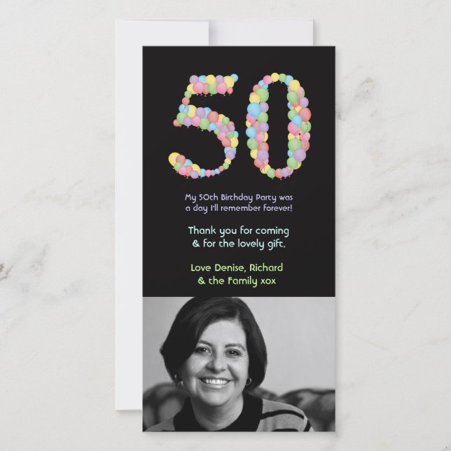50th Birthday Balloons Thank You Photo Card (Front)