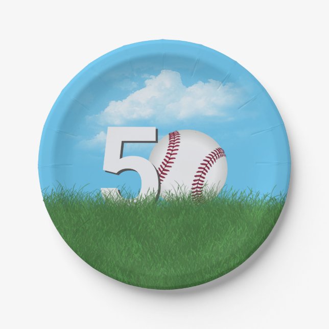 50th Birthday Baseball In Green Grass Paper Plate (Front)