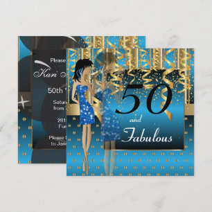 50th Birthday Bash Girl Party   Blue & Gold Invitation