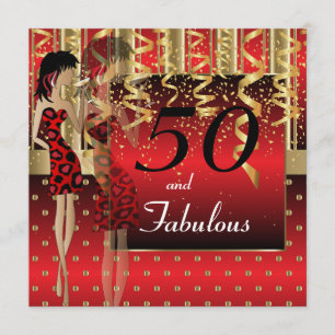 50th Birthday Bash Girl Party   Red & Gold Invitation