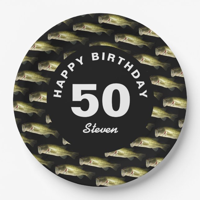50th Birthday Bass Fishing Personalised Paper Plate (Front)