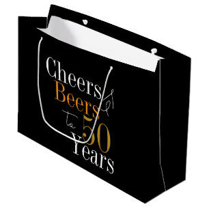 50th Birthday Beers and Cheers Black Gold Party Large Gift Bag