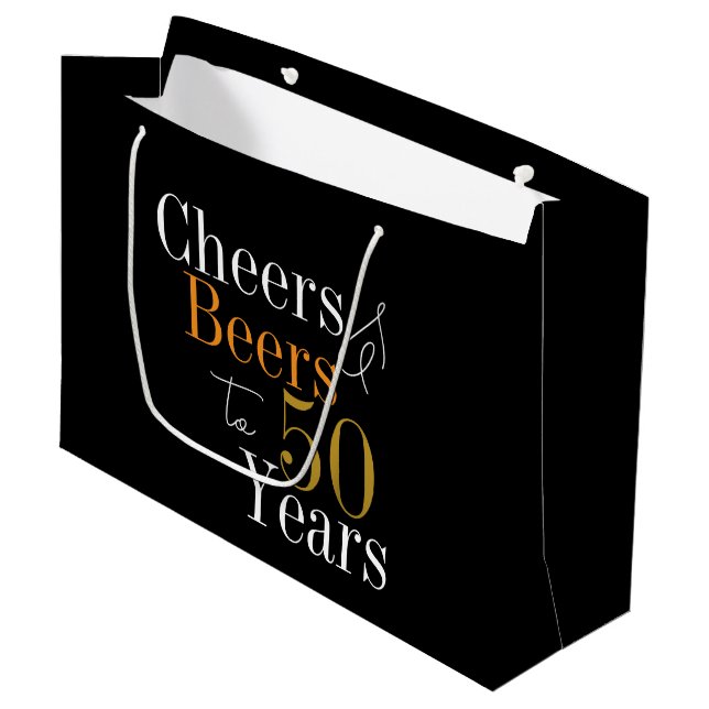 50th Birthday Beers and Cheers Black Gold Party Large Gift Bag (Front Angled)