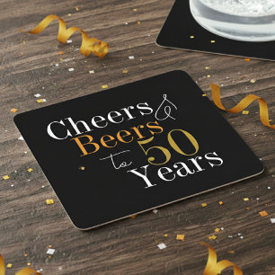 50th Birthday Beers and Cheers Black Gold Party Square Paper Coaster