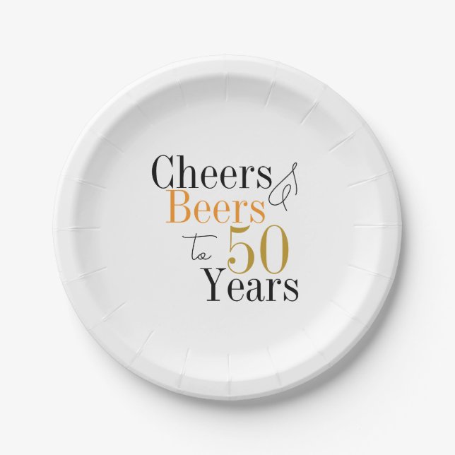 50th Birthday Beers and Cheers Minimal Party Paper Plate (Front)