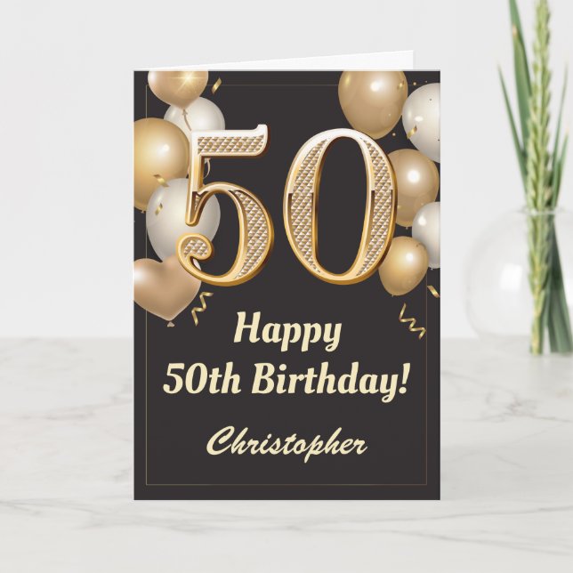 50th Birthday Black and Gold Balloons Confetti Card (Front)