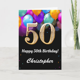50th Birthday Black and Gold Colourful Balloons Card