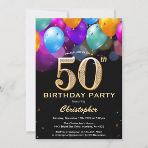 50th Birthday Black and Gold Colourful Balloons Invitation