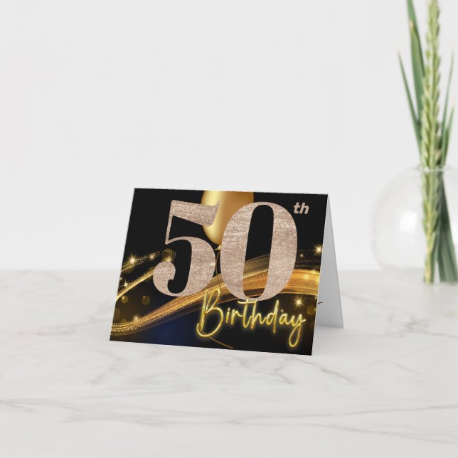 50th birthday black and gold elegant birthday card (Front)