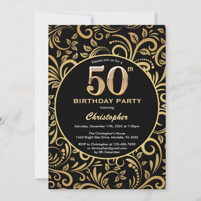 50th Birthday Black and Gold Floral Pattern Invitation (Front)