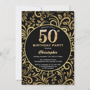 50th Birthday Black and Gold Floral Pattern Invitation