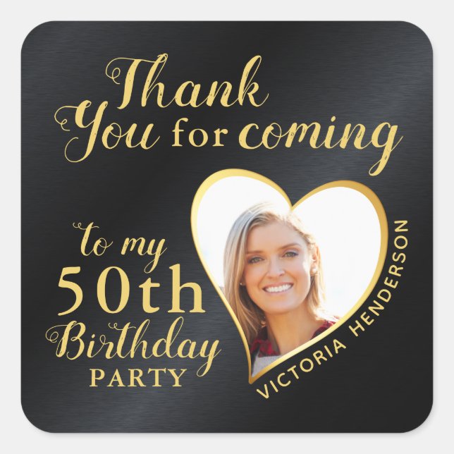 50th Birthday Black and Gold Glam Thank You Square Sticker (Front)