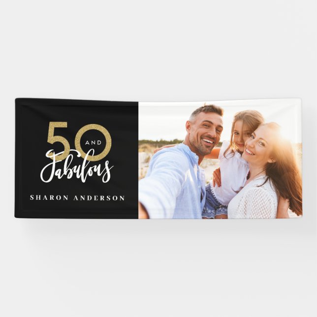 50th birthday black and gold modern photo banner (Horizontal)