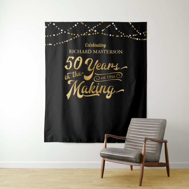 50th Birthday Black and Gold Photo Backdrop Tapestry (In Situ)