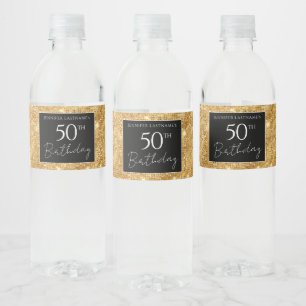 50th Birthday Black and Gold Shimmer Water Bottle Label
