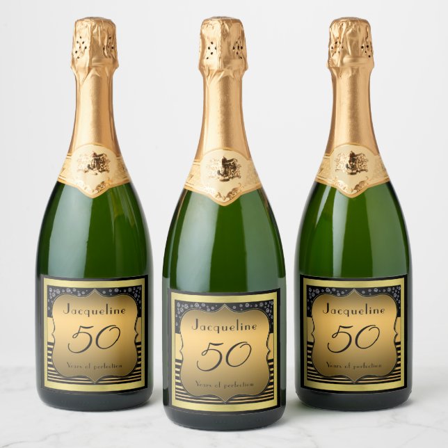 50th Birthday Black And Gold Sparkling Wine Label (Bottles)