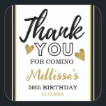 50th Birthday Black And Gold Thank You Favour Square Sticker<br><div class="desc">50th birthday thank you stickers in classy black and gold typography .</div>