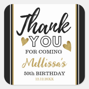 50th Birthday Black And Gold Thank You Favour Square Sticker