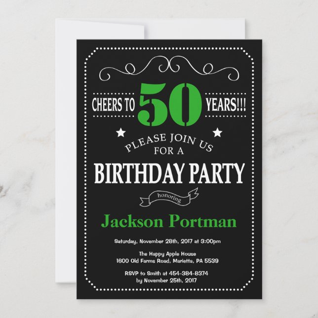 50th Birthday Black and Green Chalkboard Invitation (Front)