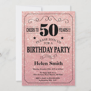 50th Birthday Black and Pink Rose Gold Glitter Invitation