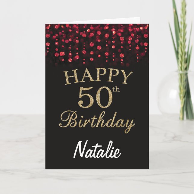 50th Birthday Black and Red Gold Glitter Card (Front)