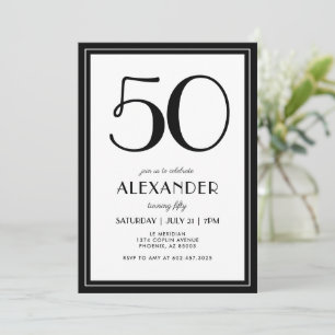 50th Birthday Black and White Modern Minimalist Invitation