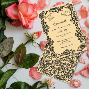 50th Birthday Black & Beige Botanical Floral Invitation