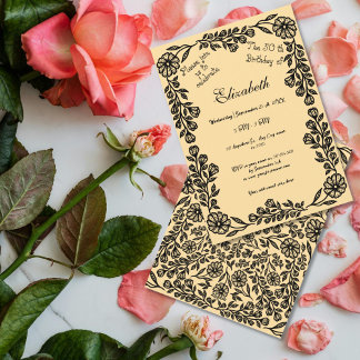 50th Birthday Black & Beige Botanical Floral Invitation