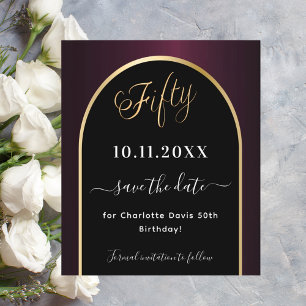 50th birthday black burgundy budget save the date flyer