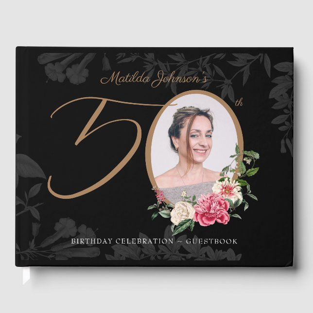 50th Birthday Black Floral Botanical Custom Photo Guest Book (Front)