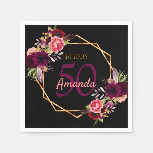 50th birthday black floral gold geometric burgundy napkin (Front)