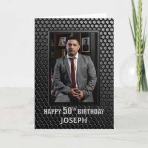 50th Birthday Black Geometric Pattern Custom Photo Card