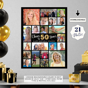 50th Birthday Black Gold 21 Photo Cheers to Years Poster